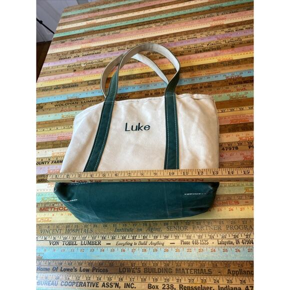 L.L. Bean Boat Tote Green Canvas Bag M Long Handles Zip Top USA “Luke” Monogram - Picture 15 of 16
